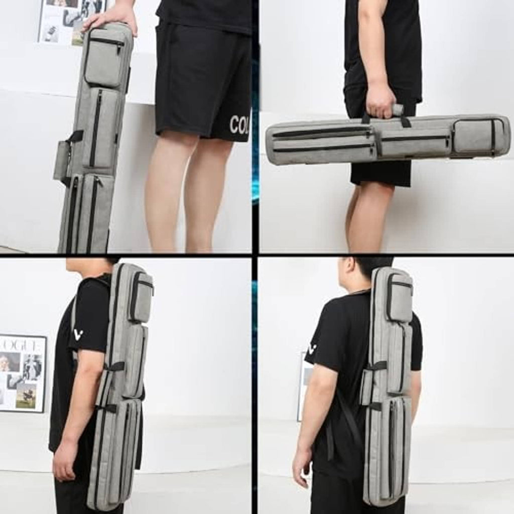 Gray pool cue case worn with backpack straps; holds cue shafts and side pouches