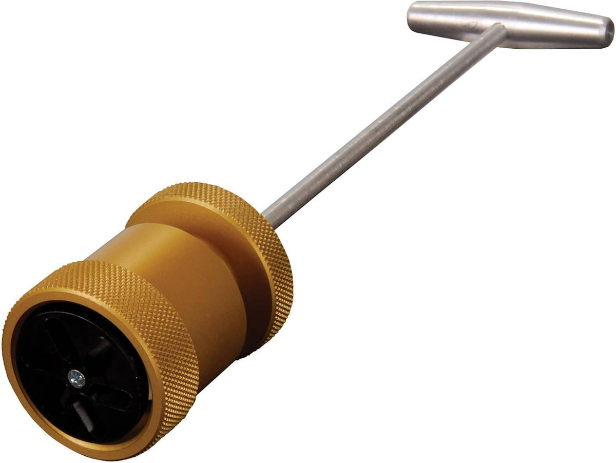 Gold caulk mixer with circular front fitting and metal handle bar