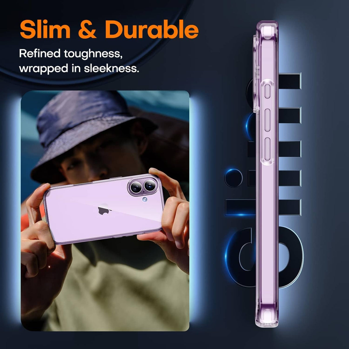 Slim clear iPhone 17 case with screen protector, purple sides and button covers