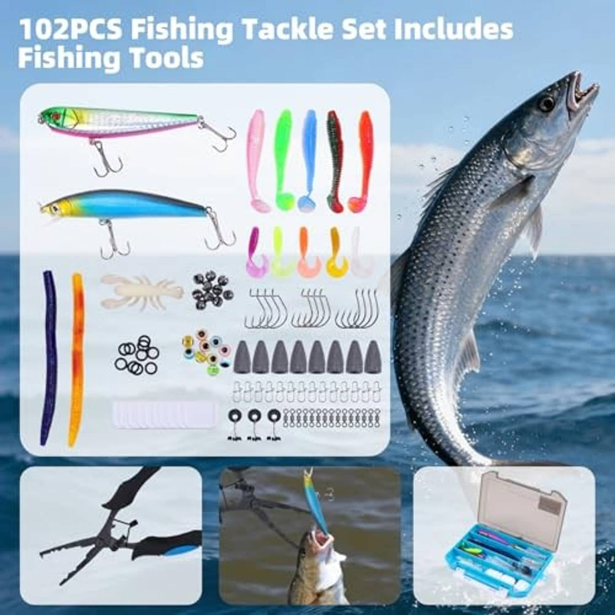 Fishing tackle set pieces in a plastic case included with the tackle backpack