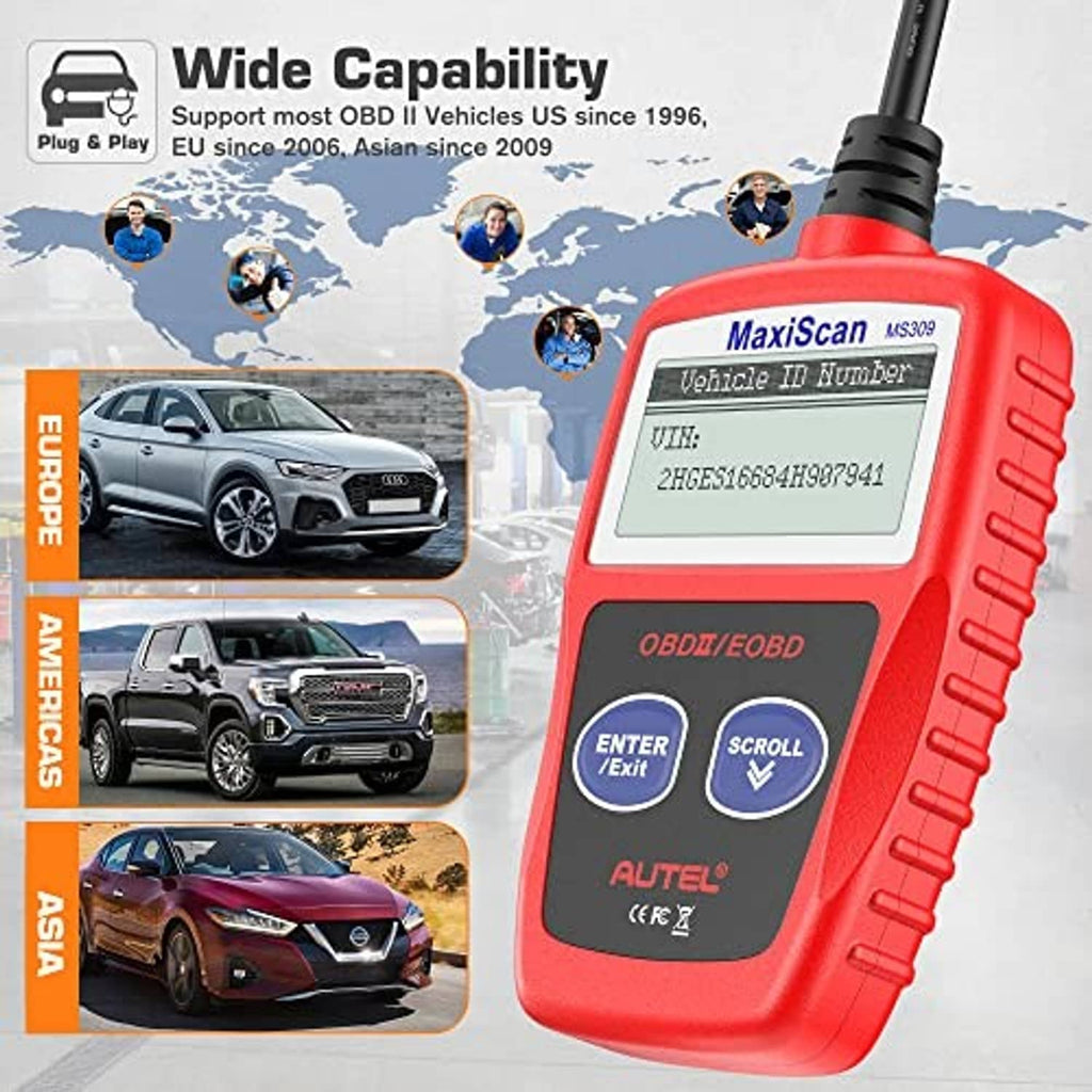 Red handheld OBD2 scanner with LCD display and side cable, Enter/Exit and Scroll buttons