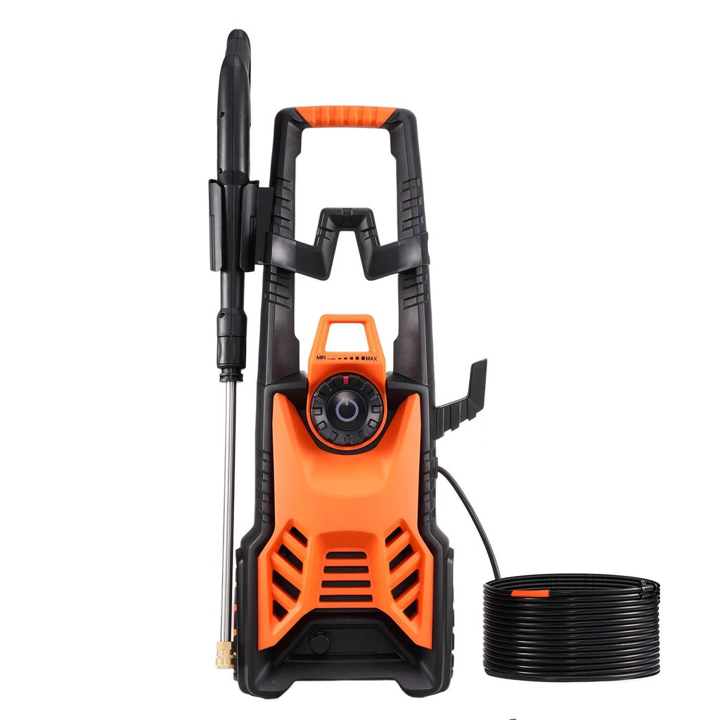 Orange and black electric pressure washer with spray gun and high-pressure hose