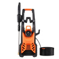 Orange and black electric pressure washer with spray gun and high-pressure hose