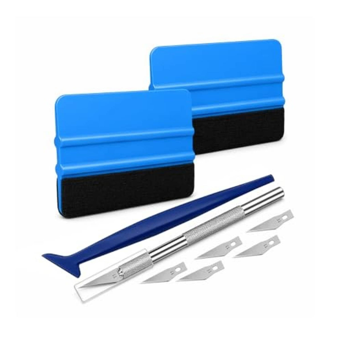 Car window tint kit components: blue felt squeegees, craft knife, and 5 replacement blades