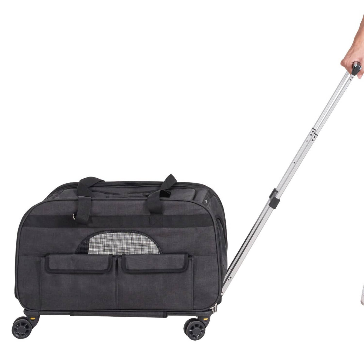 Black rolling pet carrier with handle, front mesh window, and four wheels