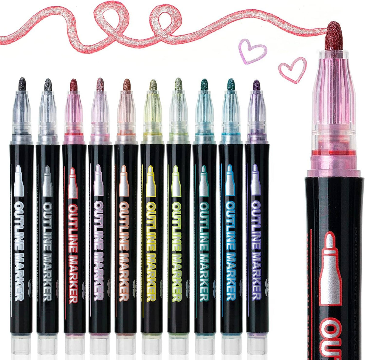 Metallic outline marker set, 10 pens in assorted colors with clear barrels