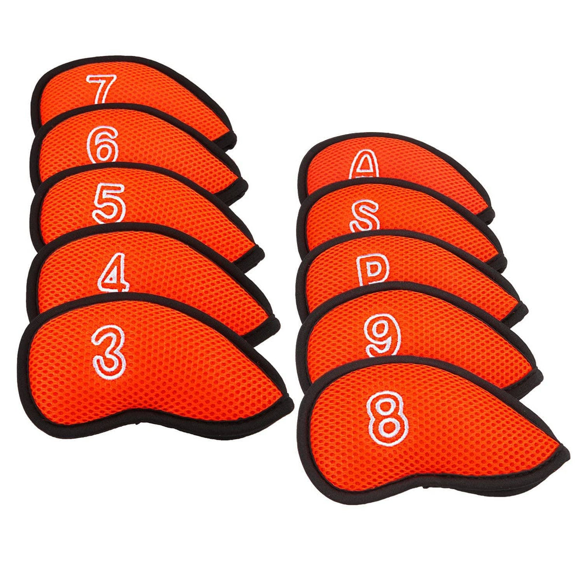 Bright orange mesh golf iron head covers stacked, showing numbers 3–7 and black trim