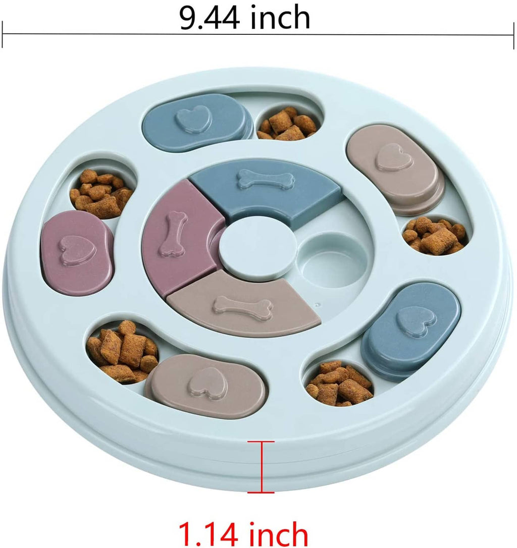 Dog treat puzzle feeder showing size marks with rotating pastel puzzle wheel