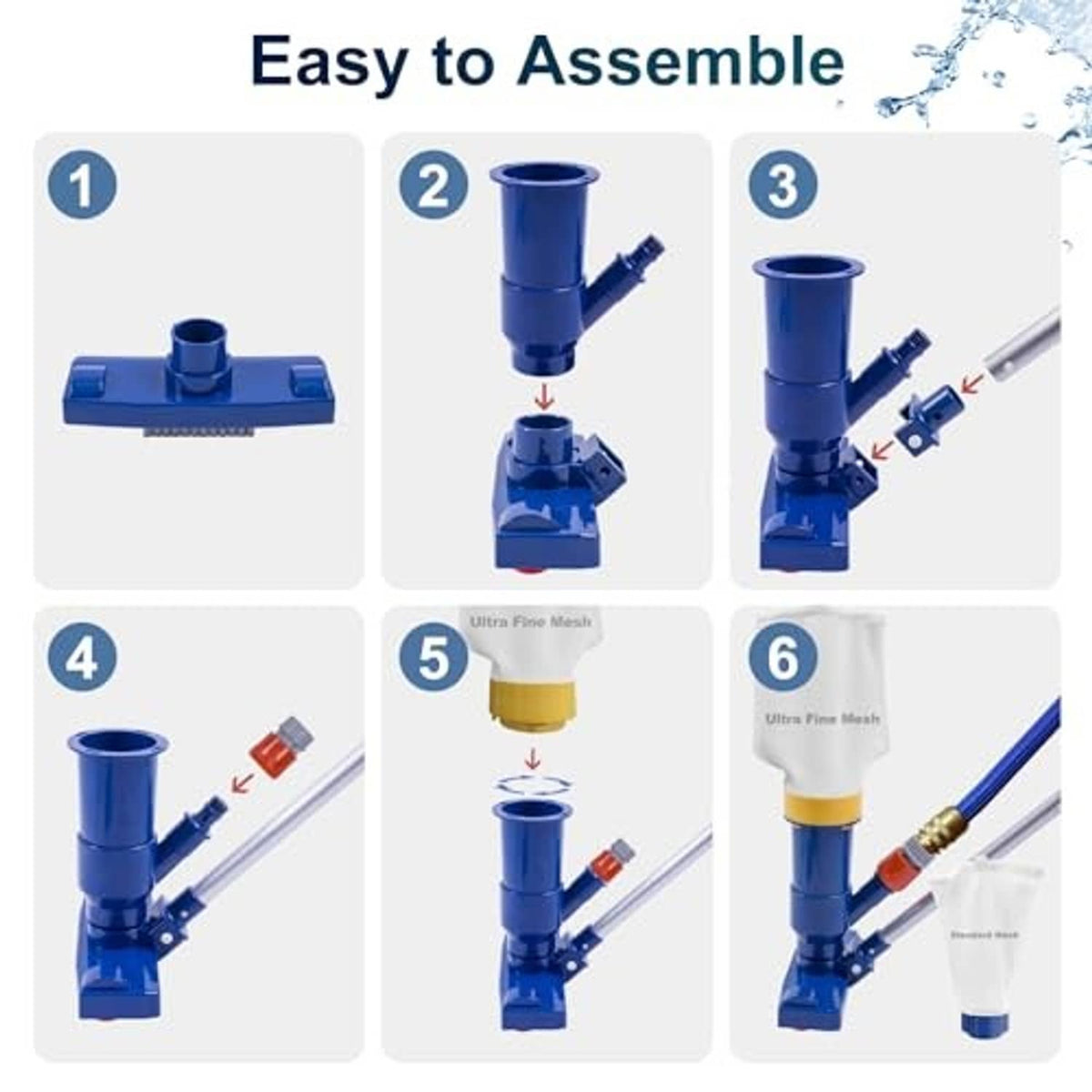 Manual pool vacuum parts set with blue base, pole sections, and mesh bags