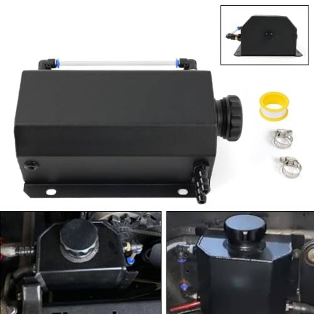 Black coolant overflow tank with mounting base, hose ports, and yellow cap seal