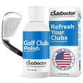 Golf club polish bottle with white ribbed cap and blue label, shown with club head inset.