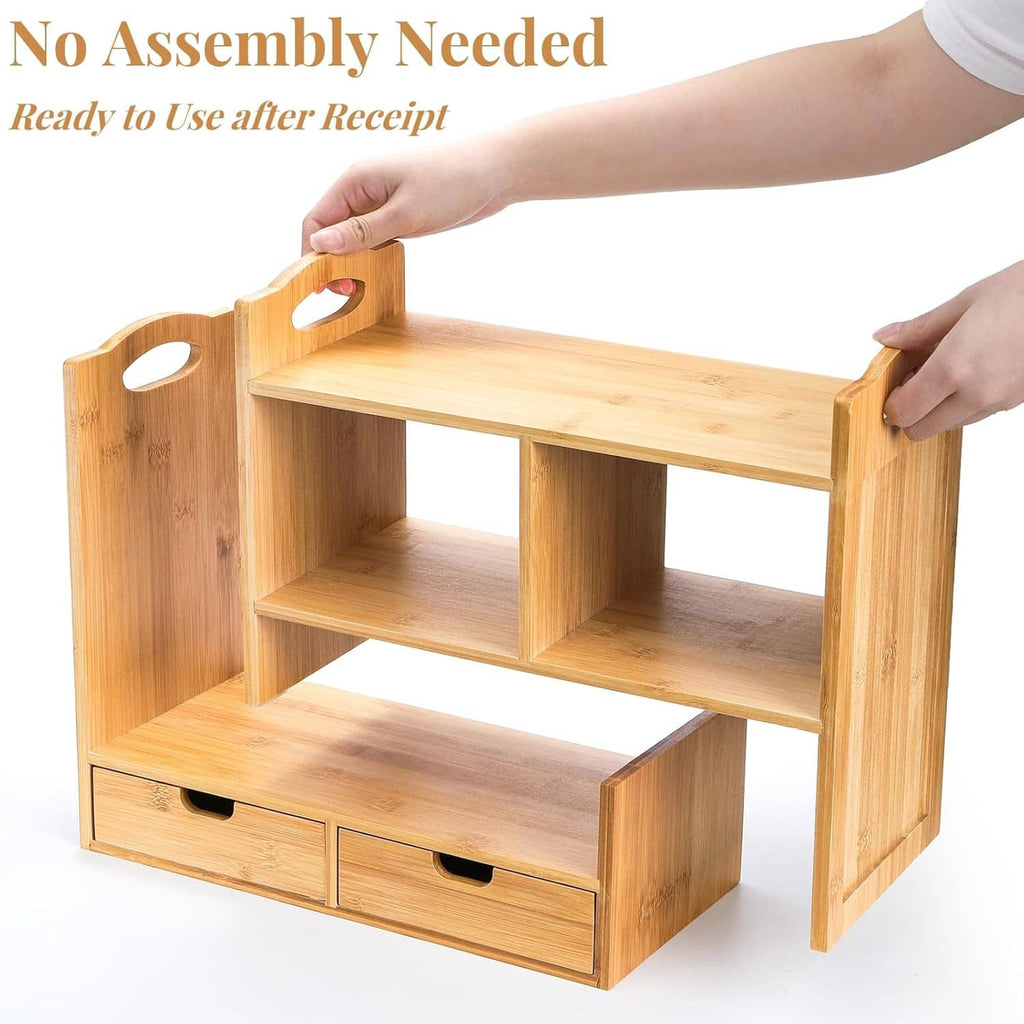 Bamboo expandable desktop bookshelf with built-in shelves and two drawer bins