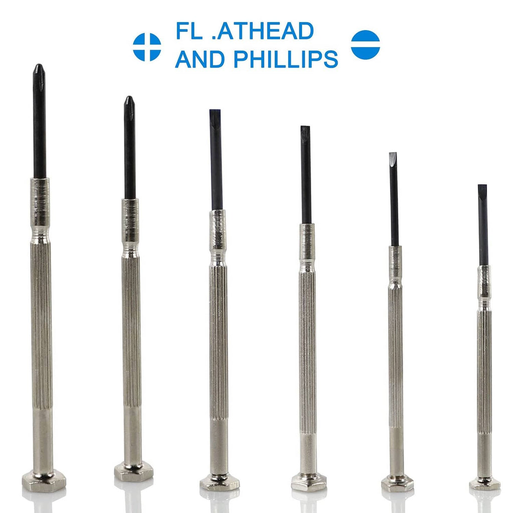 Mini screwdriver set with black shafts and chrome handles for FLAT and PHILIPS