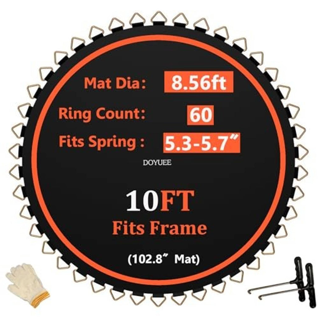 10FT trampoline mat with orange trim, black surface, V-rings for 5.3–5.7in springs