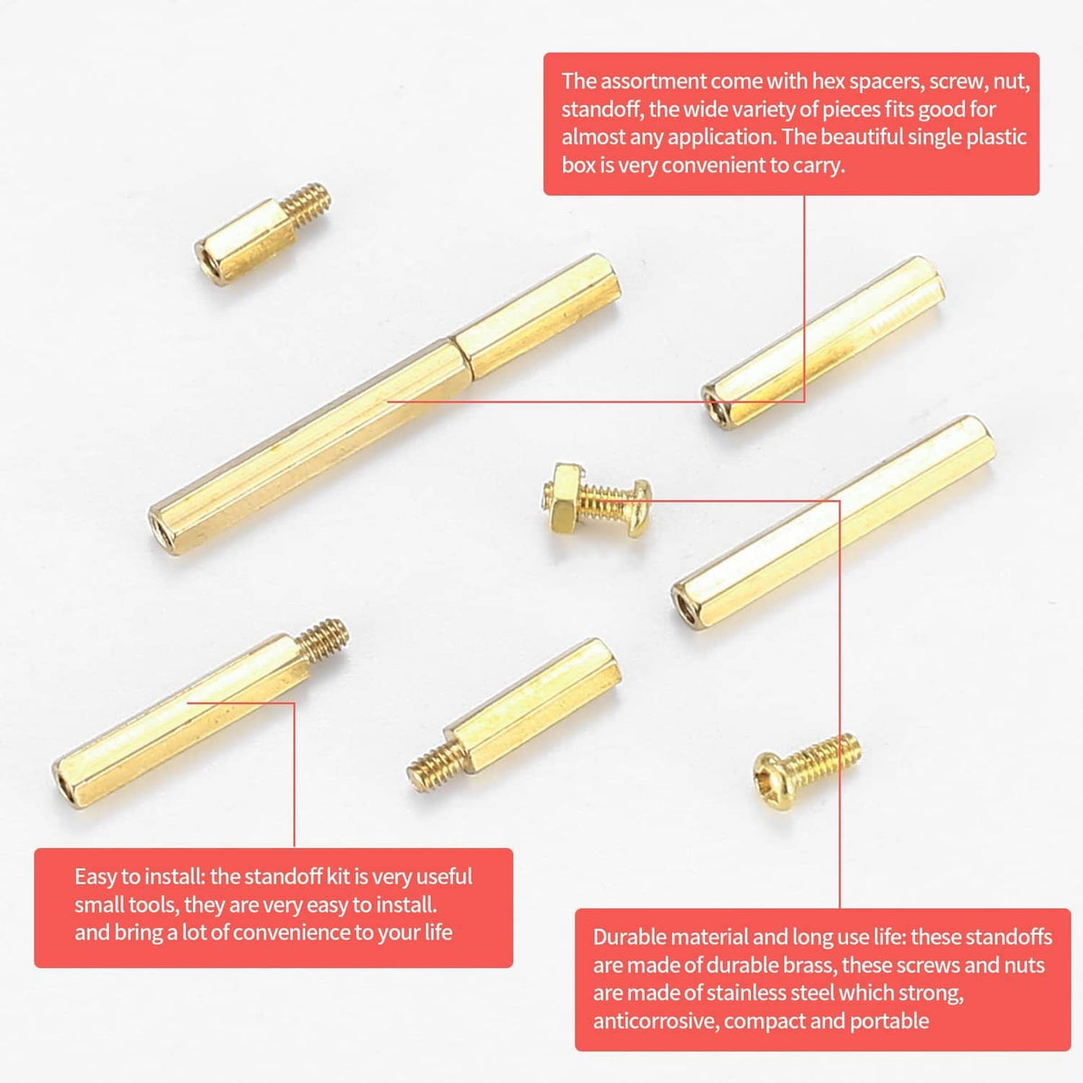 Brass hex spacer standoffs with male and female threaded ends and matching screws