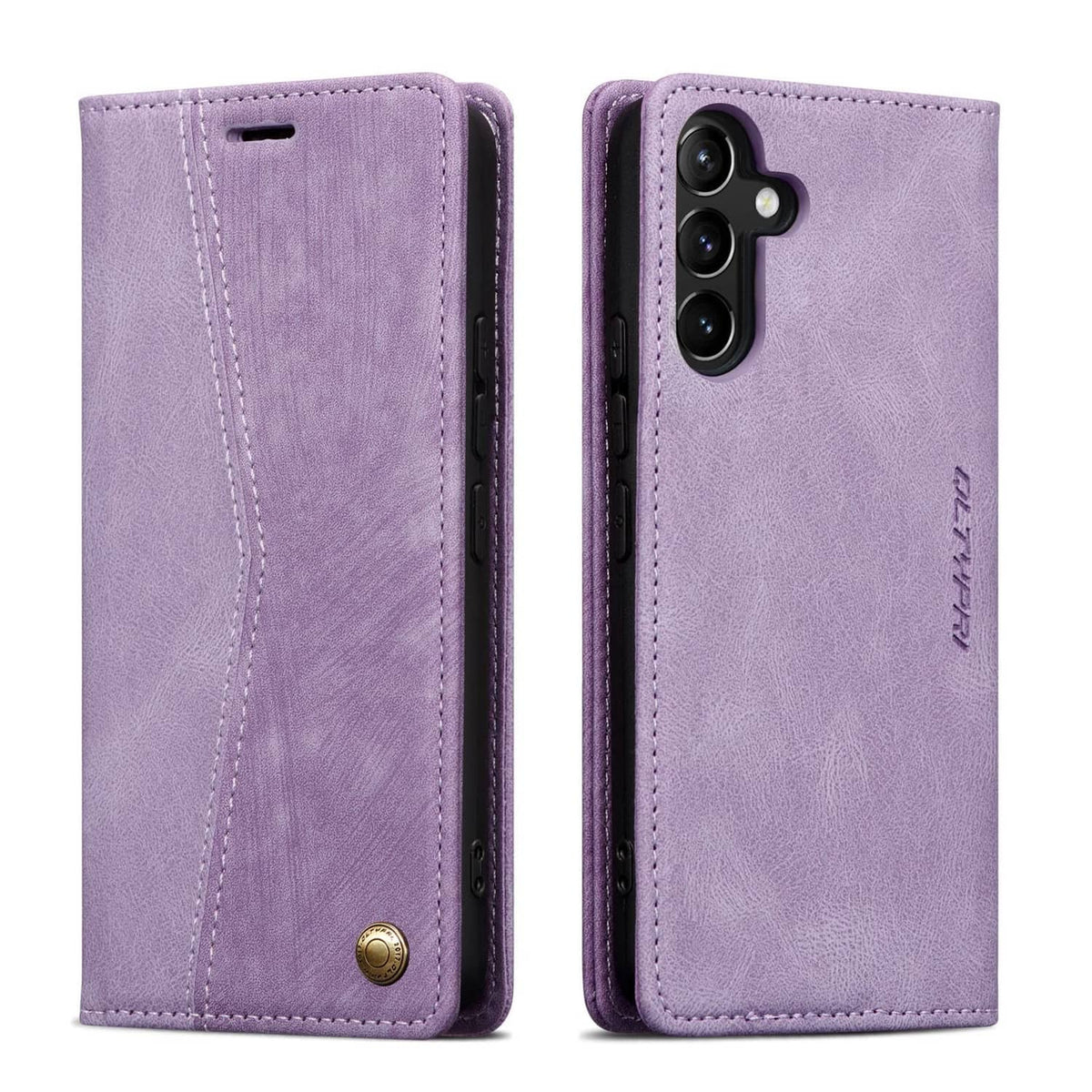 Lavender purple phone wallet case with folio cover, side cut-outs, and round snap button.