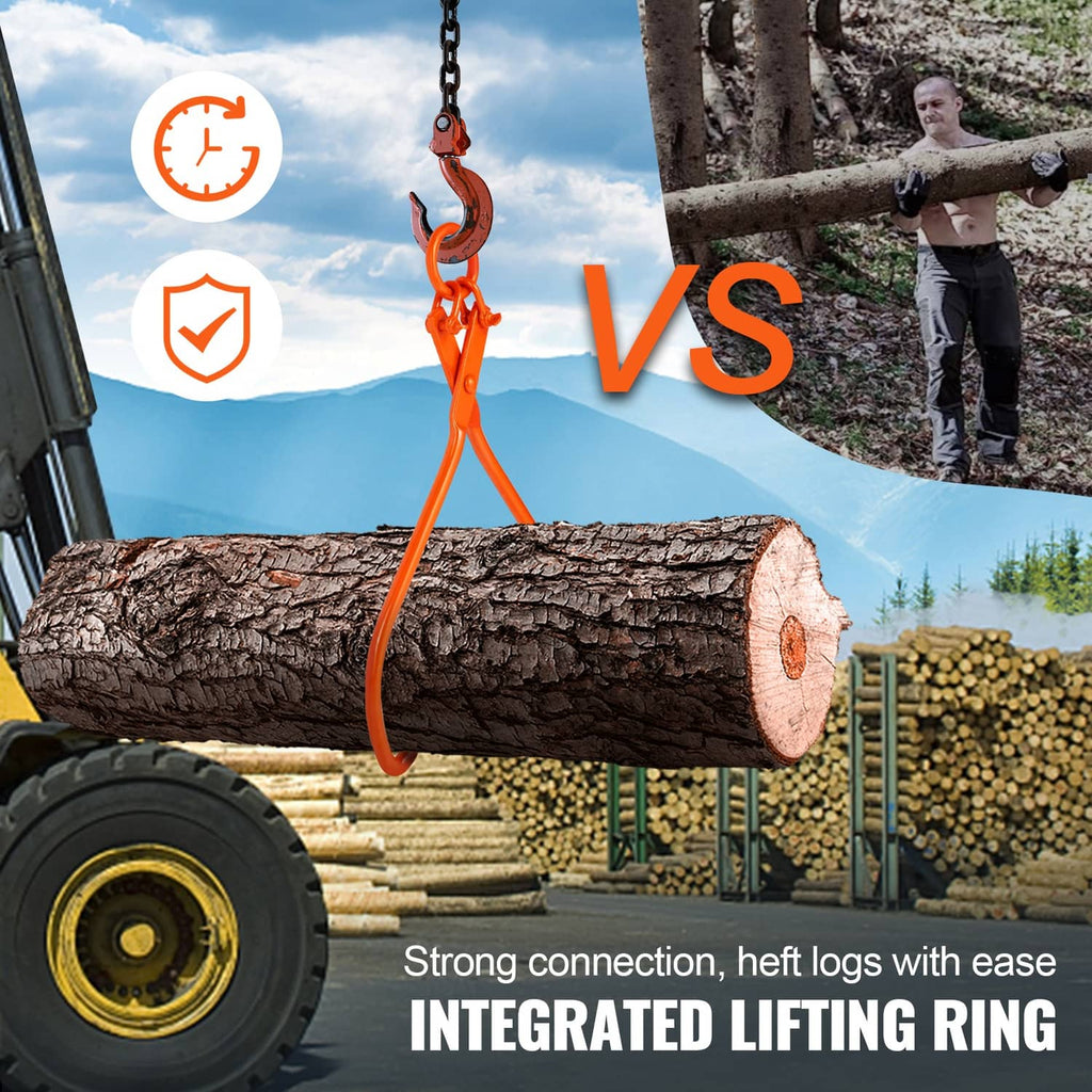 Orange log skidding tongs with integrated lifting ring and two curved claws
