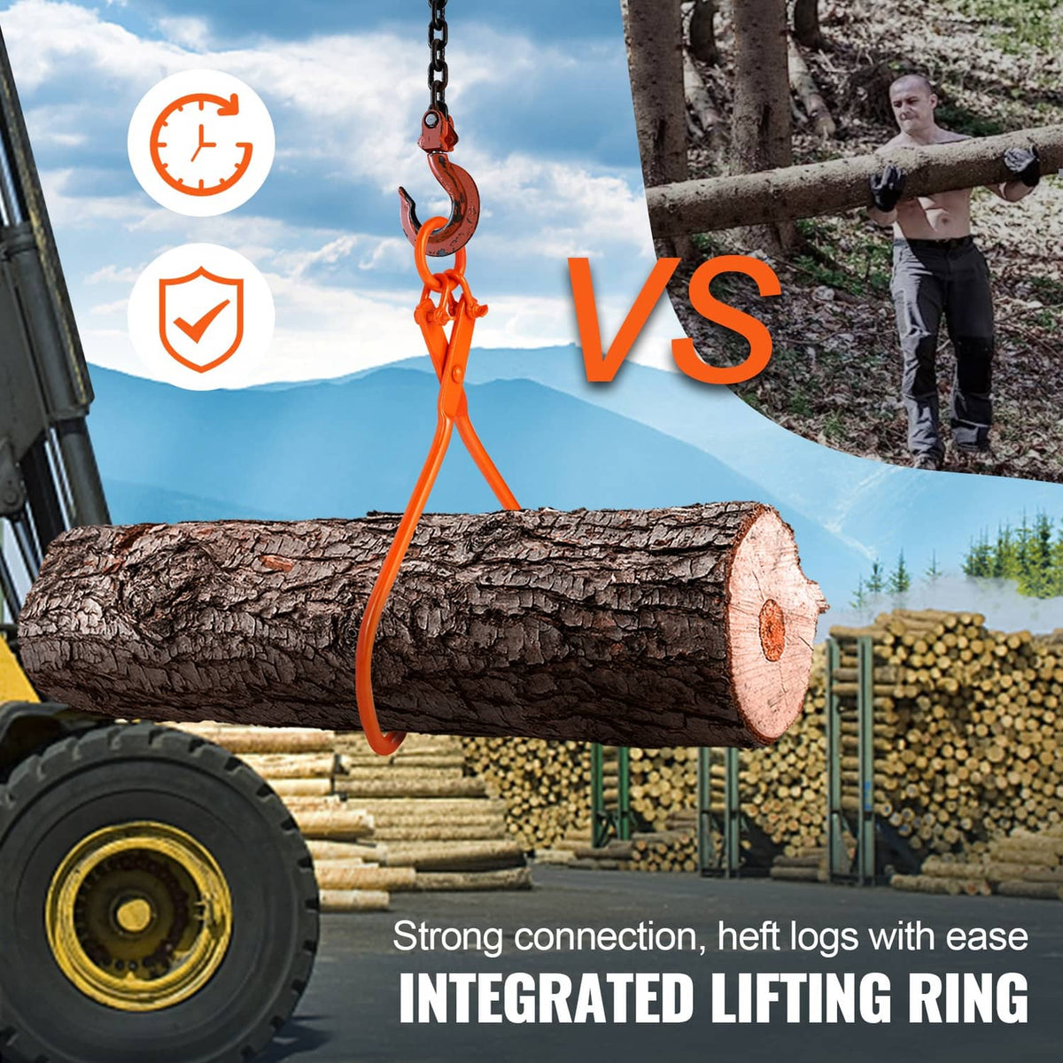 Orange log skidding tongs with integrated lifting ring and two curved claws