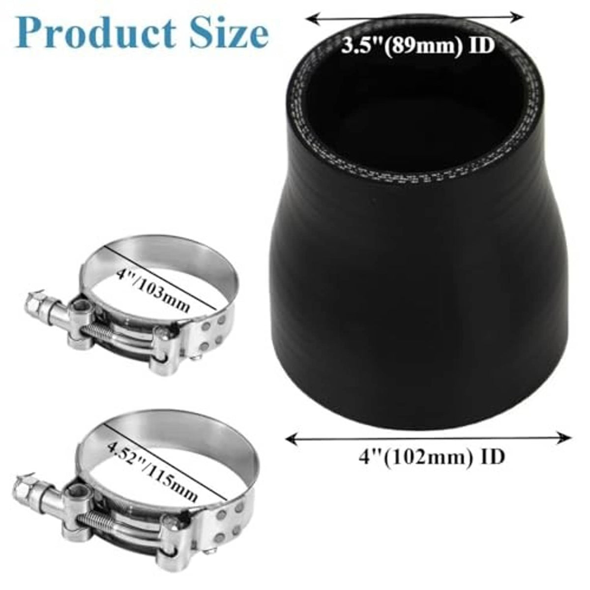 Black silicone reducer coupler hose with two included clamp bands