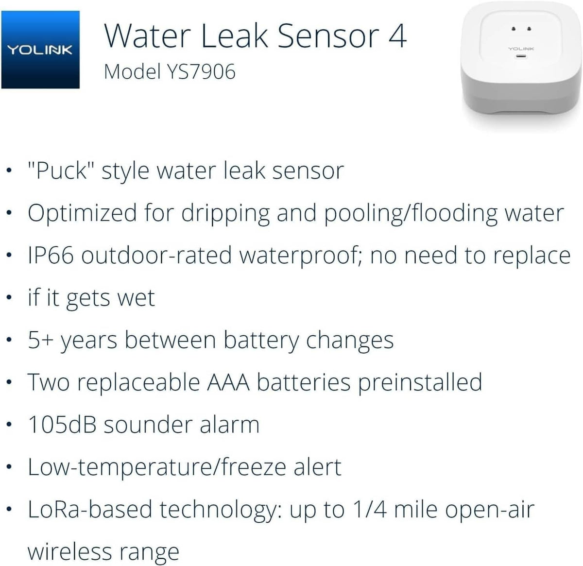 YOLINK Water Leak Sensor 4 white water leak detector with indicator dots on top