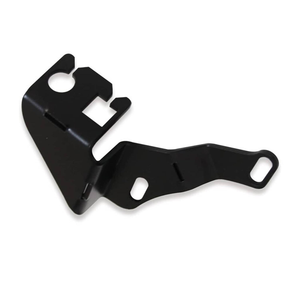 Black throttle cable bracket with mounting holes and cutouts for intake manifold connection.