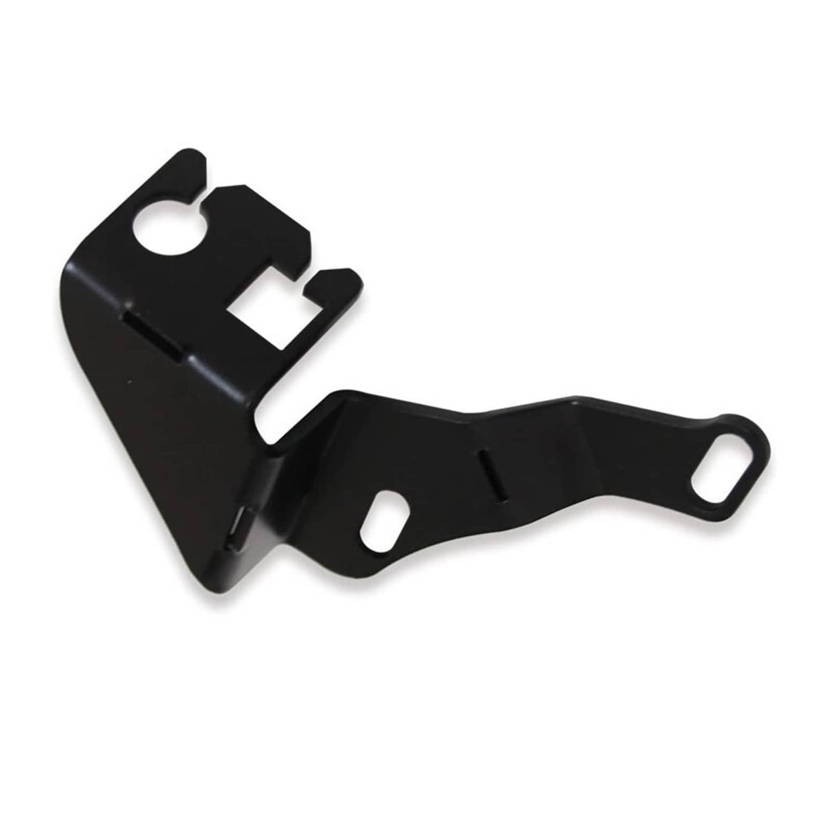 Black throttle cable bracket with mounting holes and cutouts for intake manifold connection.