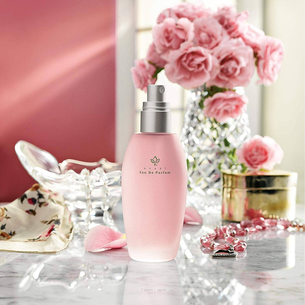 Heart Eau de Parfum spray bottle, pink frosted glass and silver pump cap