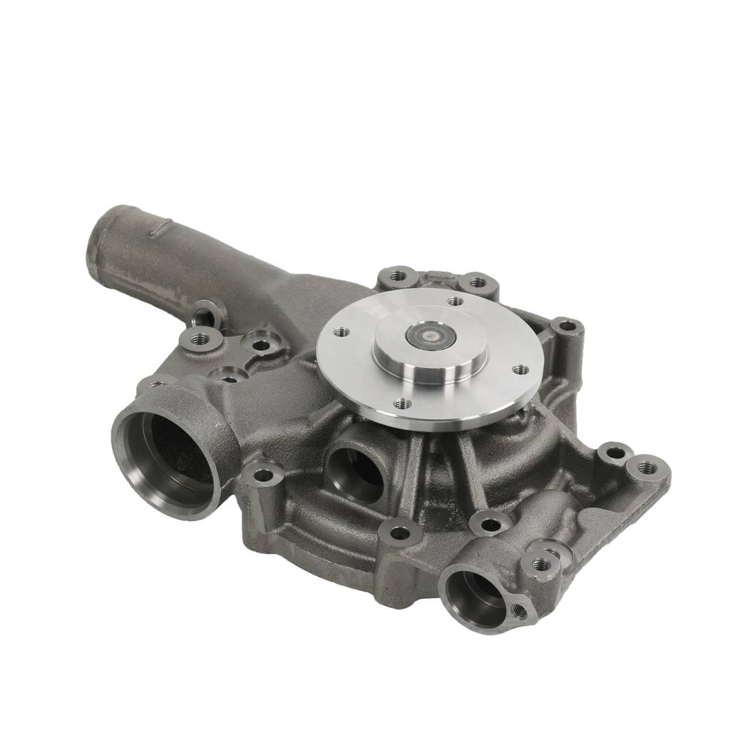 Engine water pump with side ports, dark gray housing and silver impeller