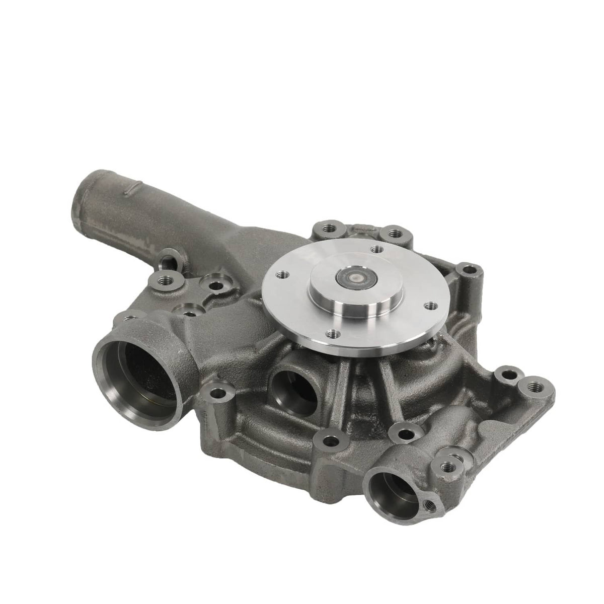 Engine water pump with side ports, dark gray housing and silver impeller