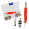 Air conditioning valve core removal tool kit with red handle, clear case, and metal cores