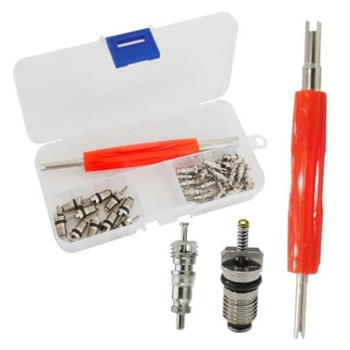 Air conditioning valve core removal tool kit with red handle, clear case, and metal cores