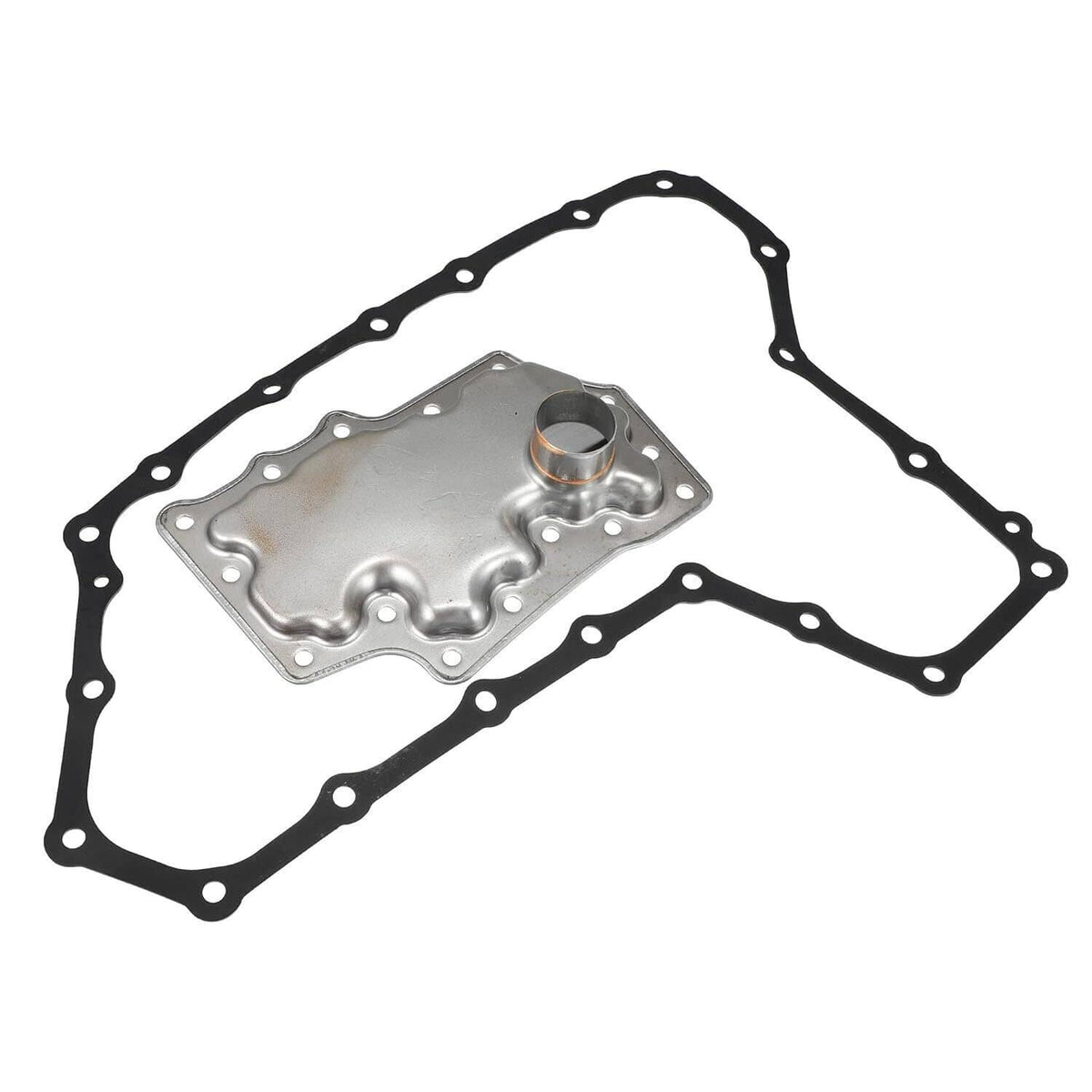 Transmission filter housing with gasket, silver metal plate and mounting studs