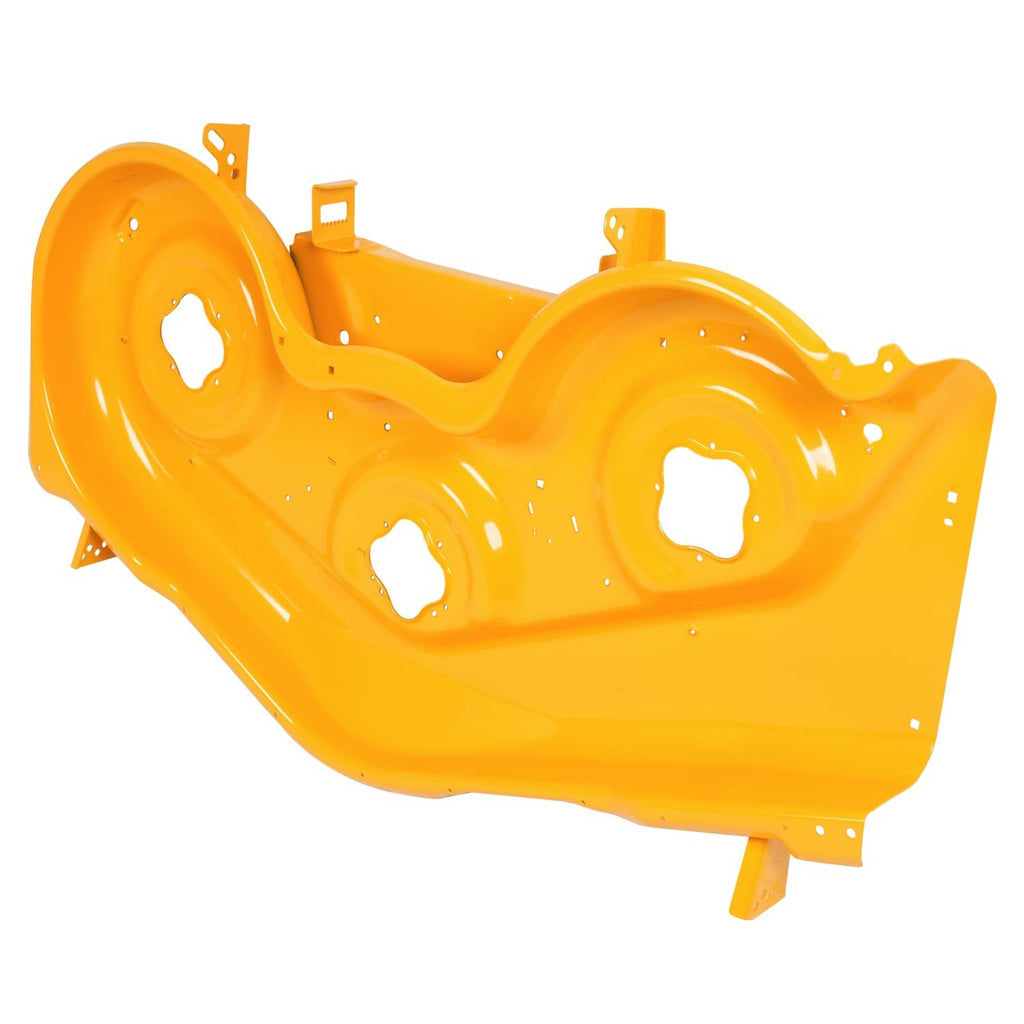 Yellow steel mower deck shell, angled view with circular cutouts and brackets