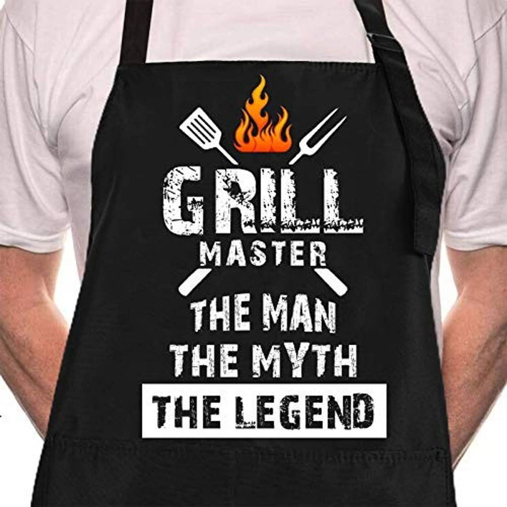 Black grill apron with flame icon, Grill Master slogan, and centered logo print