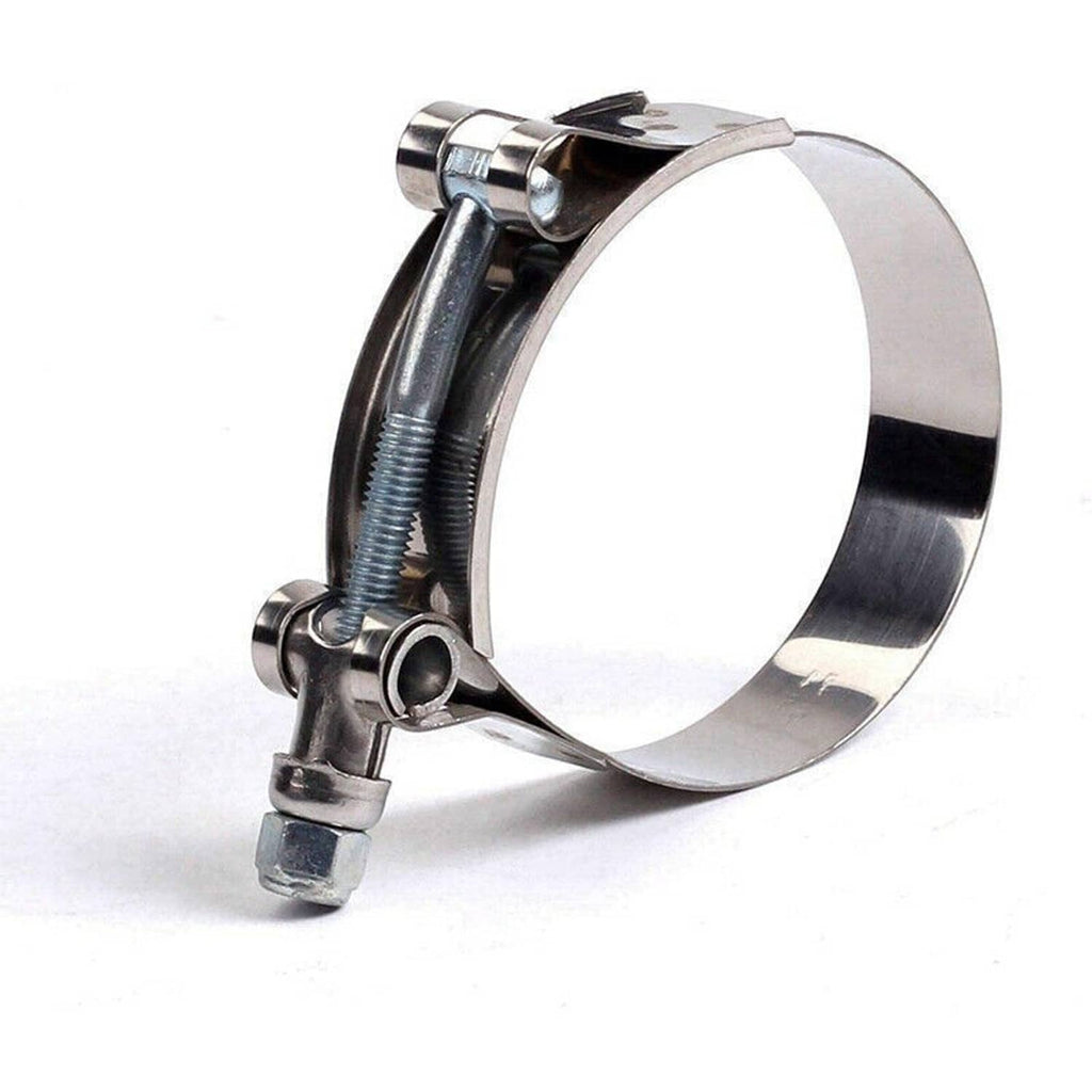 Metal hose clamp with spring band and polished finish for intercooler tubing