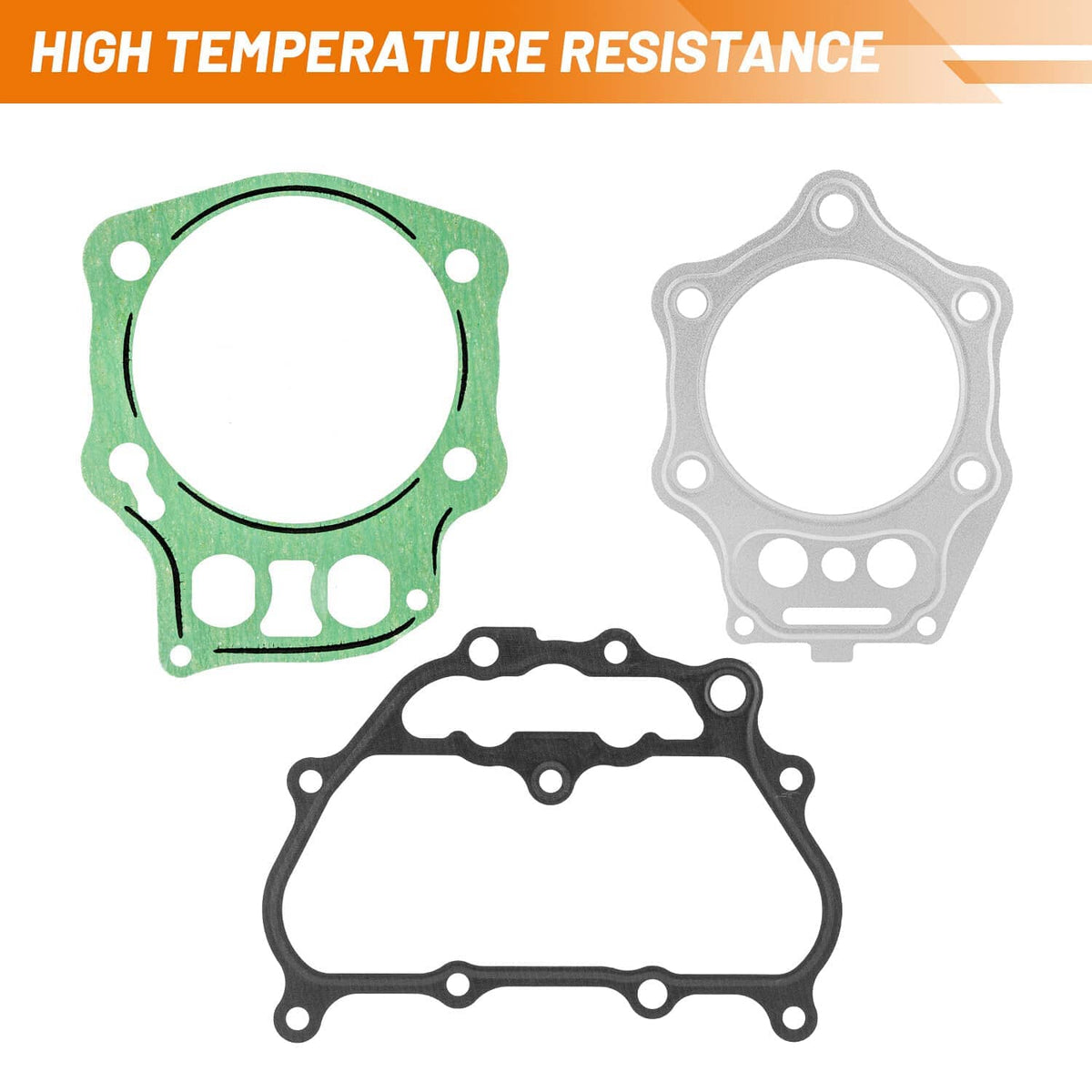 Gasket set with green head gasket, gray base gasket, and black gasket