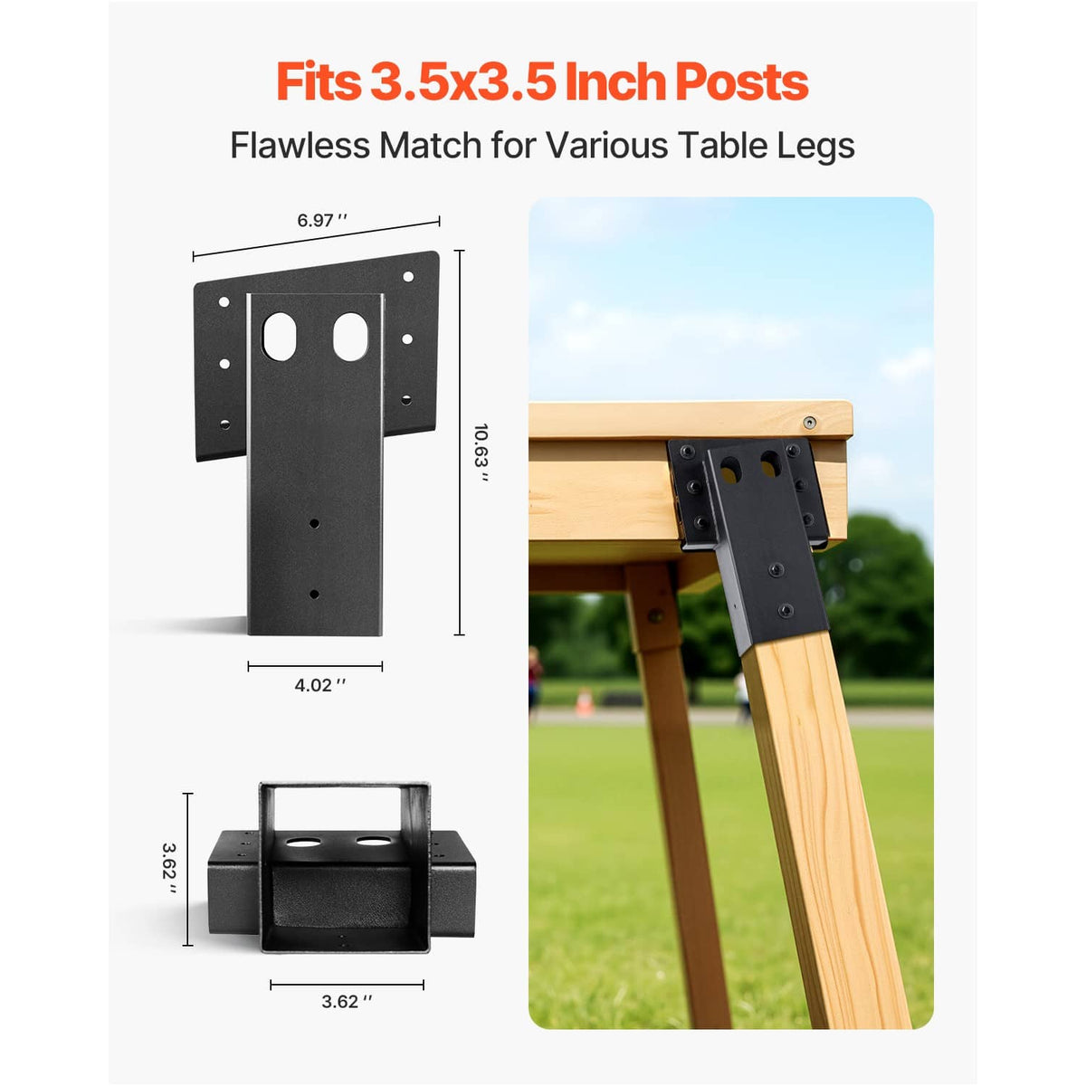 Black steel post platform bracket designed for 3.5x3.5 inch posts with hole pattern
