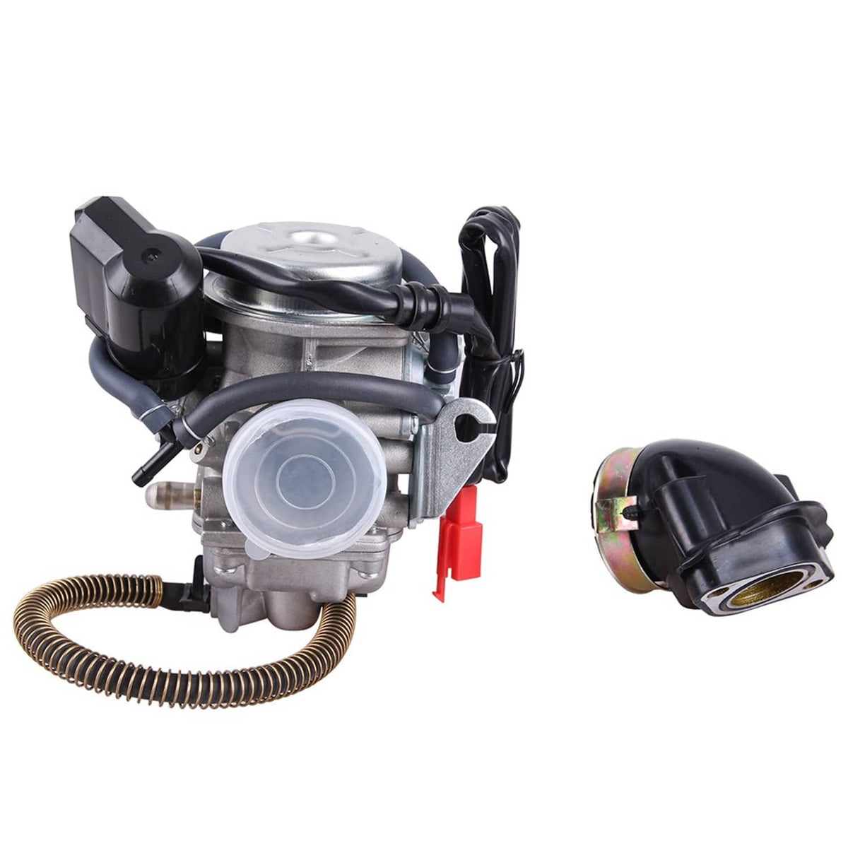 Carburetor assembly with metal body, black hoses, diaphragm cover, and red fuel line connector