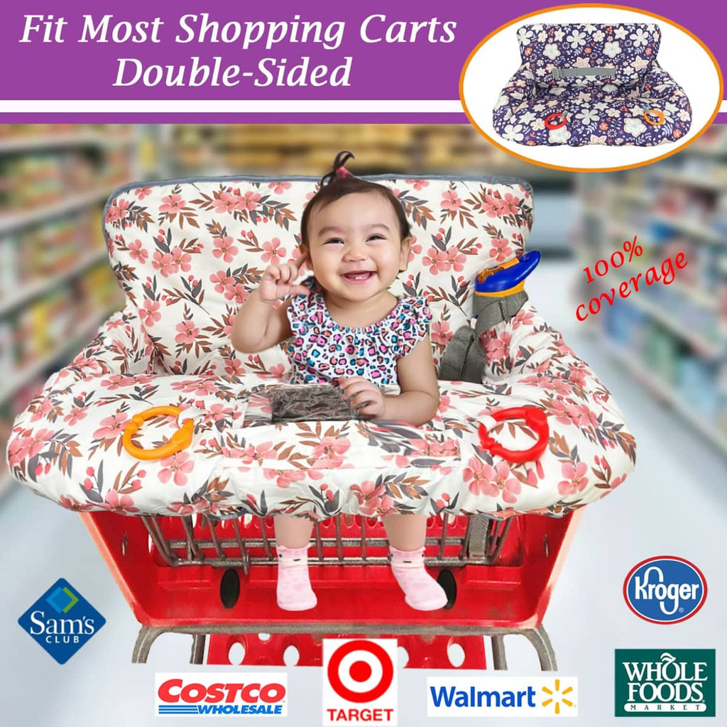 Baby in floral shopping cart cover with raised head area, side strap, and front pocket