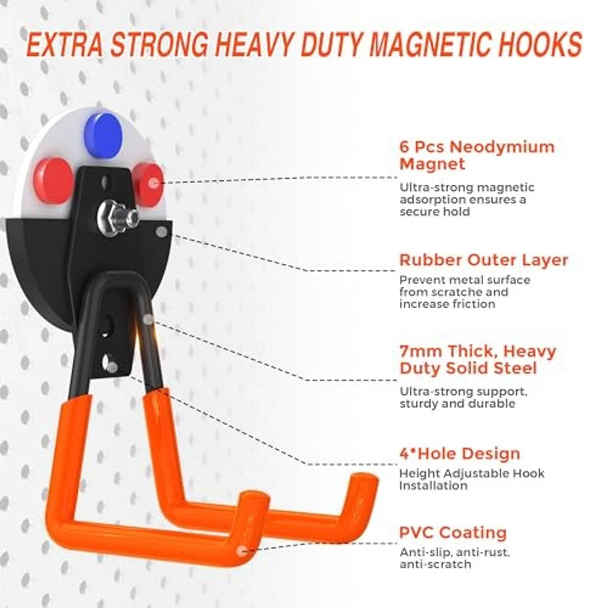 Heavy-duty magnetic hook in black and orange with rounded base and U-shaped steel hanger