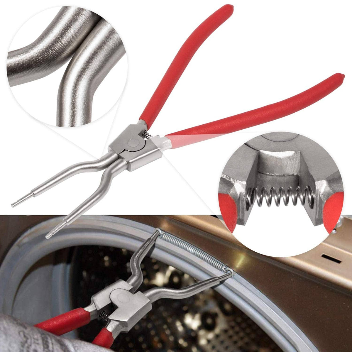 Washing machine spring expansion tool with red handles and silver clamp jaws