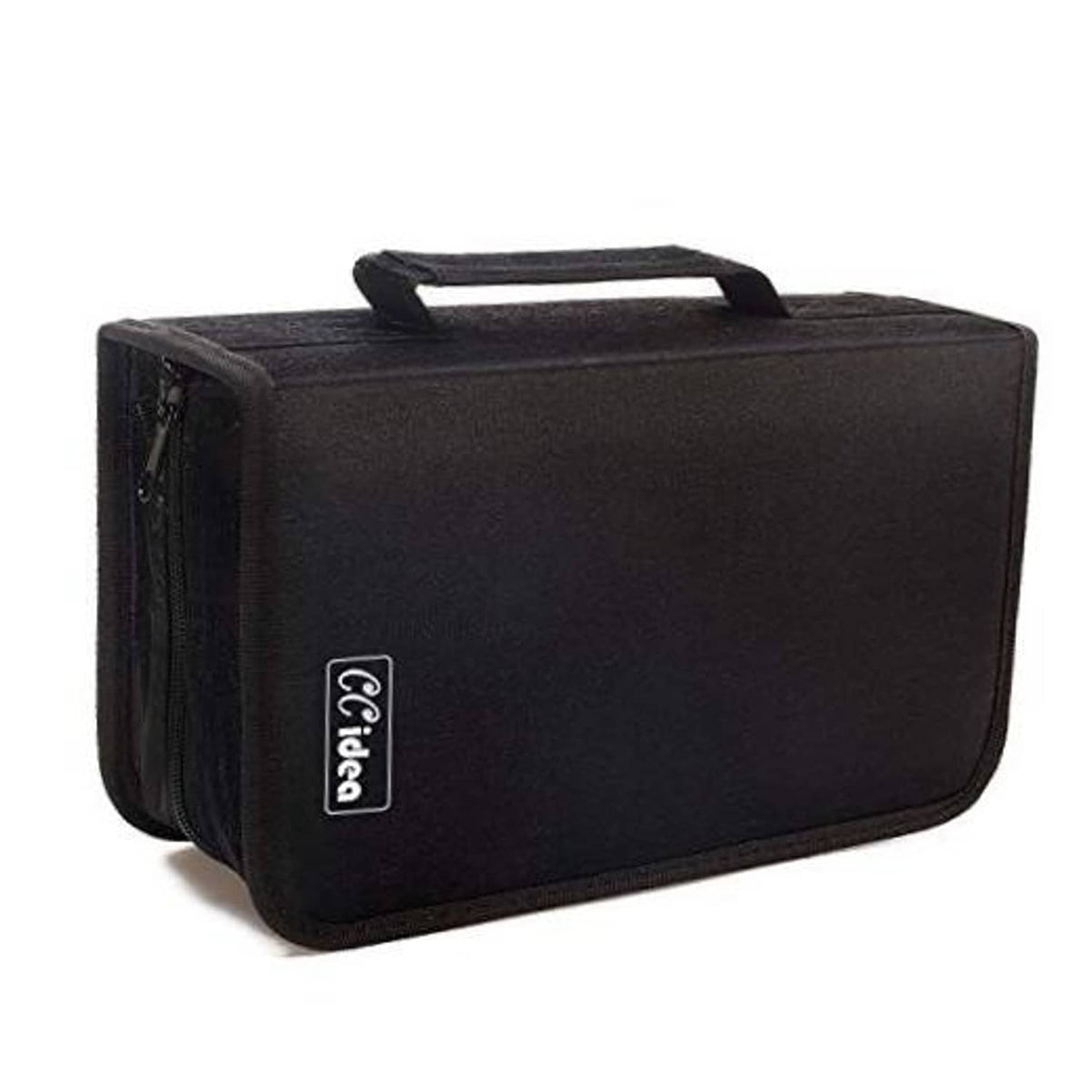 Black CD/DVD storage case with handle and zippered front pocket