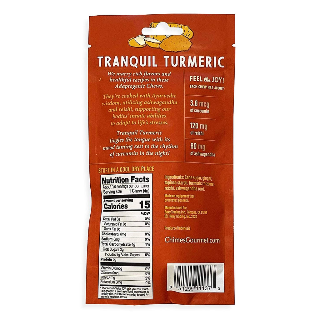 Turmeric adaptogenic chew candy pouch, orange back label with Nutrition Facts panel