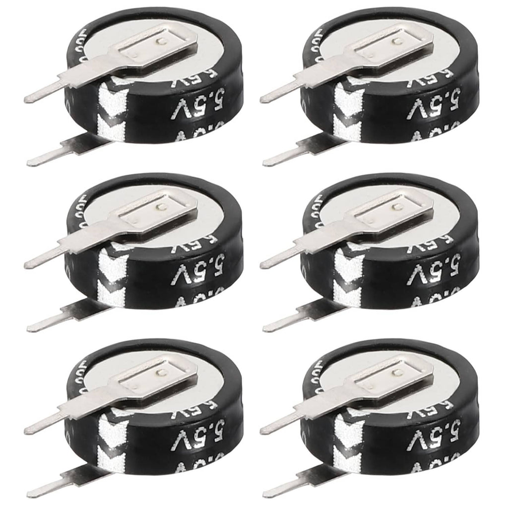 V-shaped button super capacitors, black with silver tops and two metal leads (6-pack)