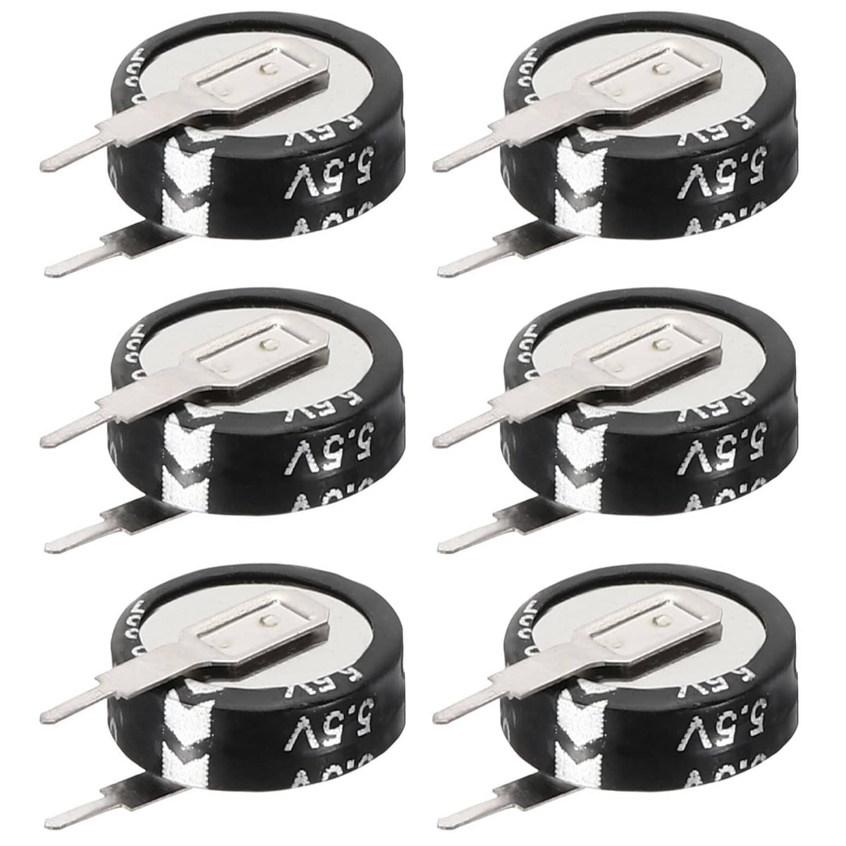 V-shaped button super capacitors, black with silver tops and two metal leads (6-pack)