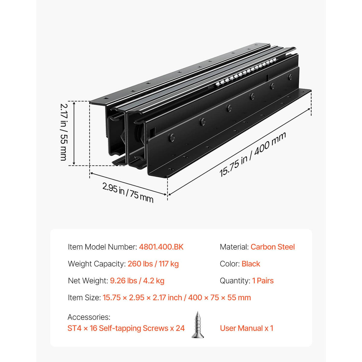 Black drawer slide rail with measurement labels, model info, and hardware list overlay.