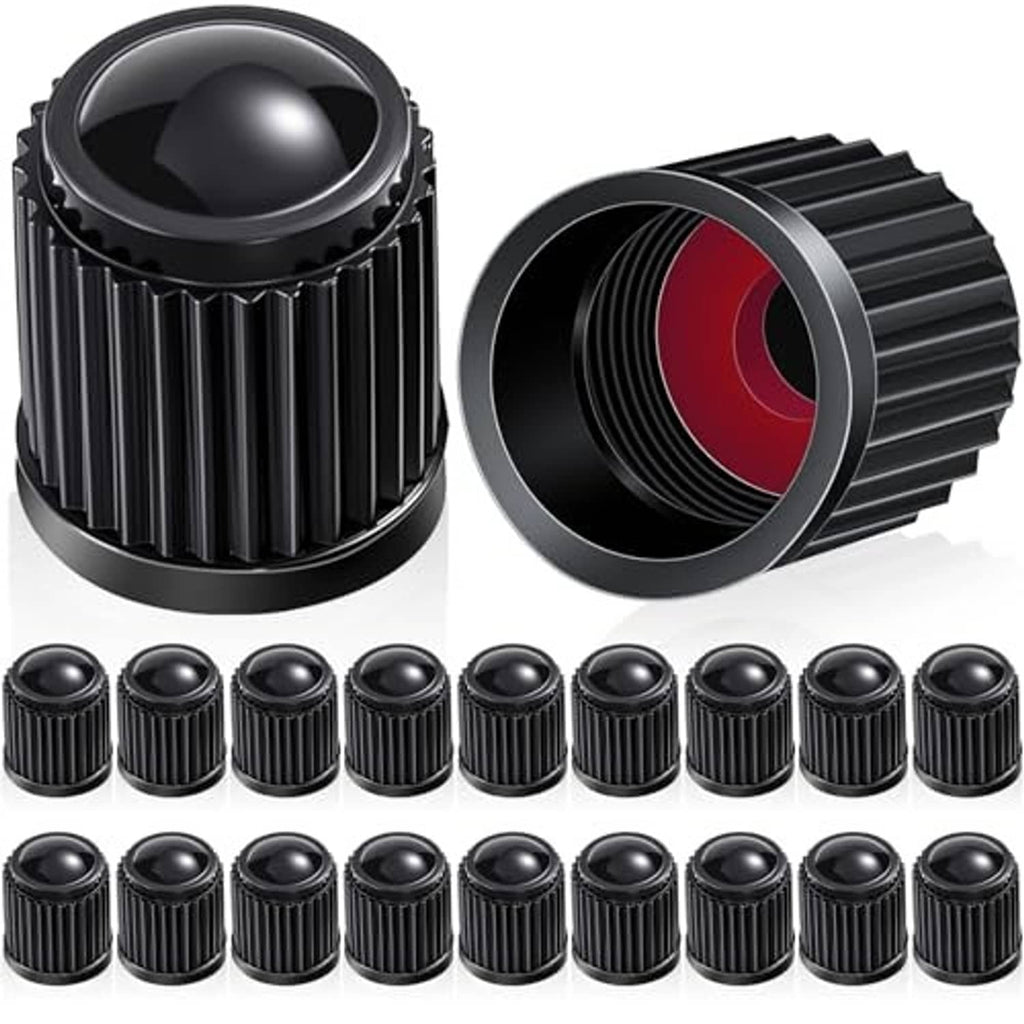 Twenty black ribbed plastic universal tire valve stem caps, ready-to-install set