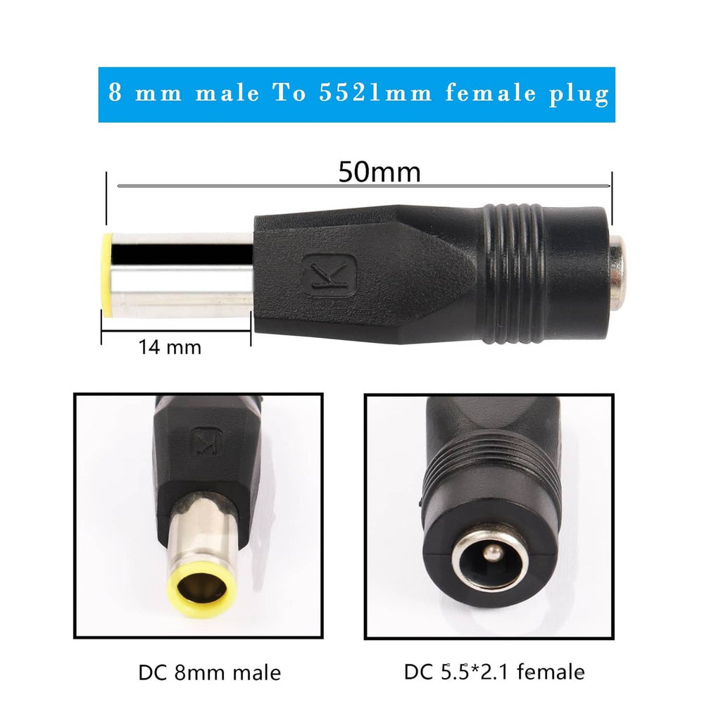 Black 50mm DC adapter, 8mm male to 5.5x2.1 female plug pair