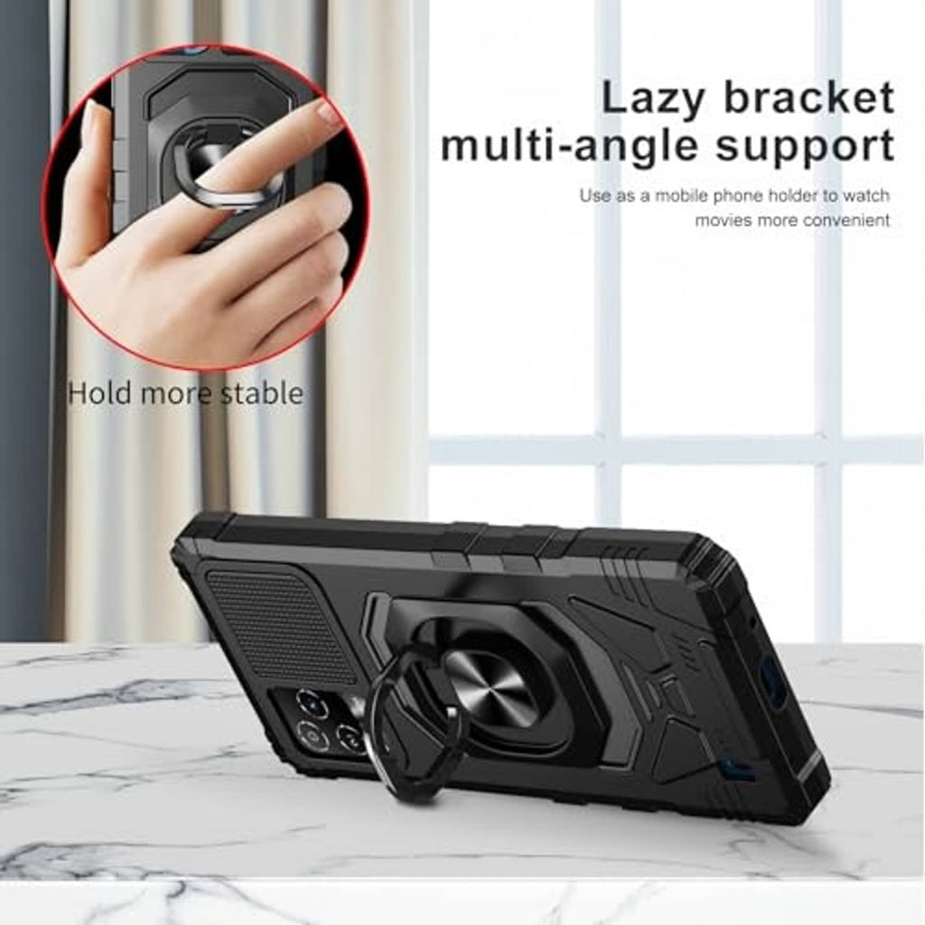 Black rugged phone case with ring stand for multi-angle viewing