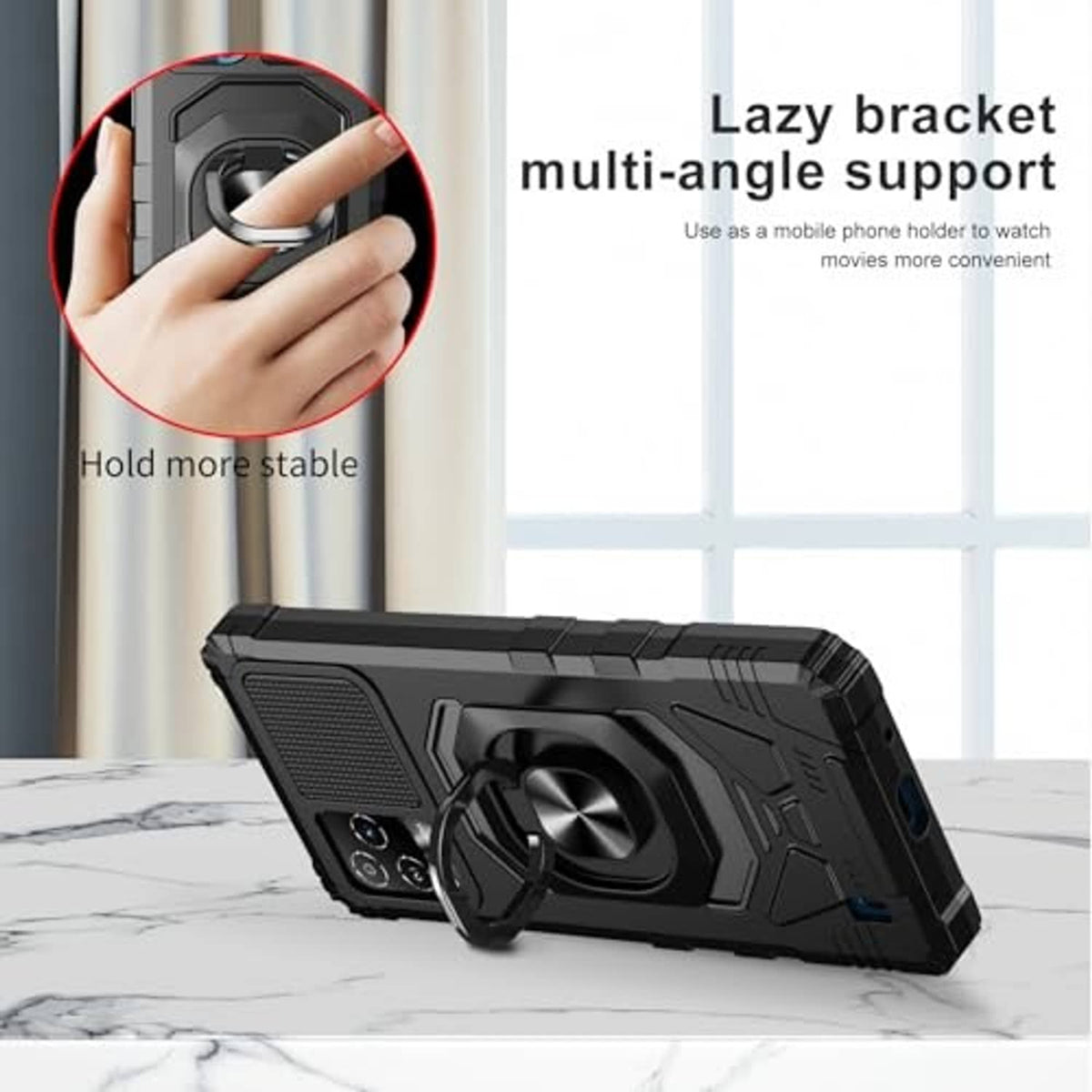 Black rugged phone case with ring stand for multi-angle viewing